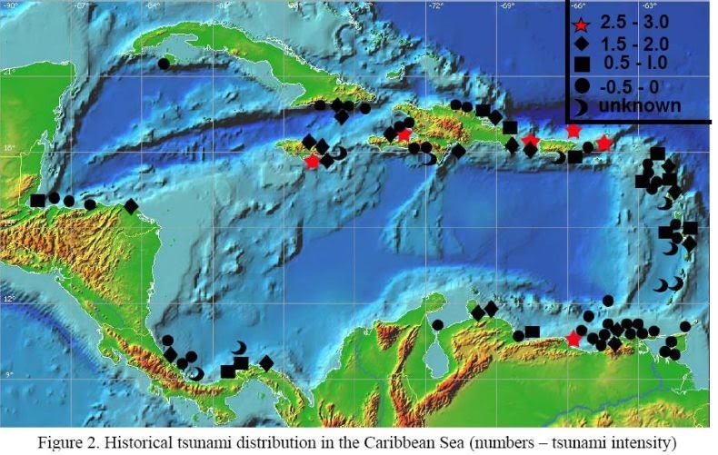 Historical Tsunami Locations Around the Carribean